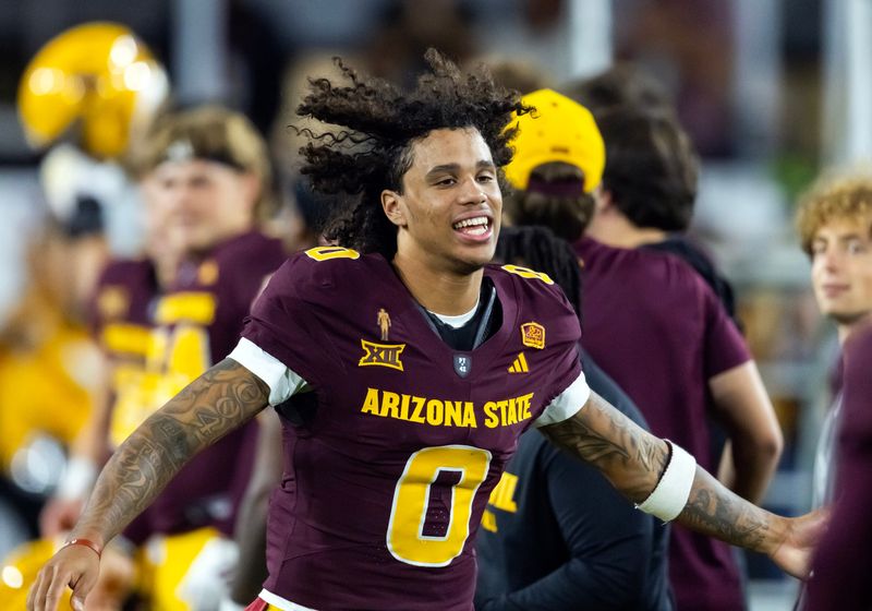 Nov 28, 2025; Tempe, Arizona, USA; Arizona State Sun Devils wide receiver Jordyn Tyson (0) against the Arizona Wildcats during the 99th Territorial Cup at Mountain America Stadium. Mandatory Credit: Mark J. Rebilas-Imagn Images