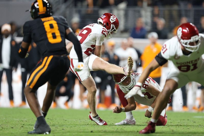 Nov 1, 2025; Knoxville, Tennessee, USA; Oklahoma Sooners kicker Tate Sandell (29) kicks a field goal against the Tennessee Volunteers during the second quarter at Neyland Stadium. Mandatory Credit: Randy Sartin-Imagn Images