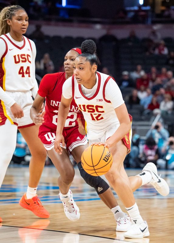 USC Trojans guard JuJu Watkins (12) drives Friday, March 7, 2025, against the Indiana Hoosiers during the Big Ten women's tournament at Gainbridge Fieldhouse in Indianapolis.