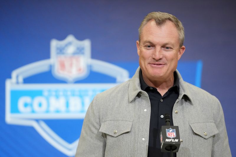 Feb 24, 2026; Indianapolis, IN, USA; San Francisco 49ers general manager John Lynch speaks at the NFL Scouting Combine at the Indiana Convention Center. Mandatory Credit: Kirby Lee-Imagn Images