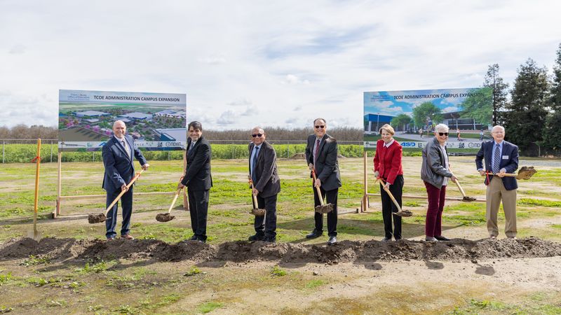 Tulare County Office of Education Superintendent Tim Hire (left) and other school officials break ground on the new campus on Feb. 20, 2026.