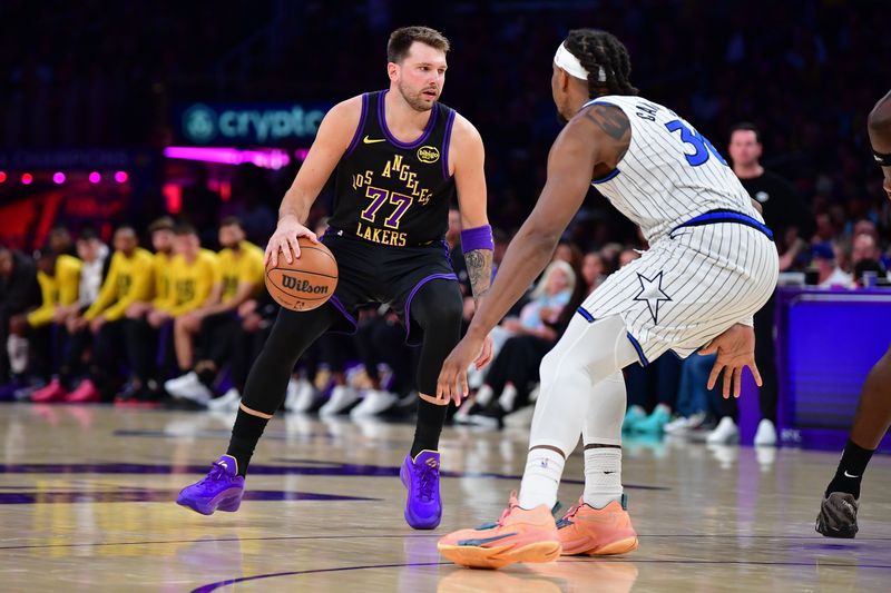 Feb 24, 2026; Los Angeles, California, USA; Los Angeles Lakers guard Luka Doncic (77) during the second half at Crypto.com Arena. Mandatory Credit: Gary A. Vasquez-Imagn Images