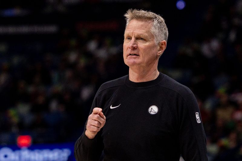 Feb 24, 2026; New Orleans, Louisiana, USA; Golden State Warriors Head Coach Steve Kerr looks on against the New Orleans Pelicans during the second half at Smoothie King Center. Mandatory Credit: Stephen Lew-Imagn Images