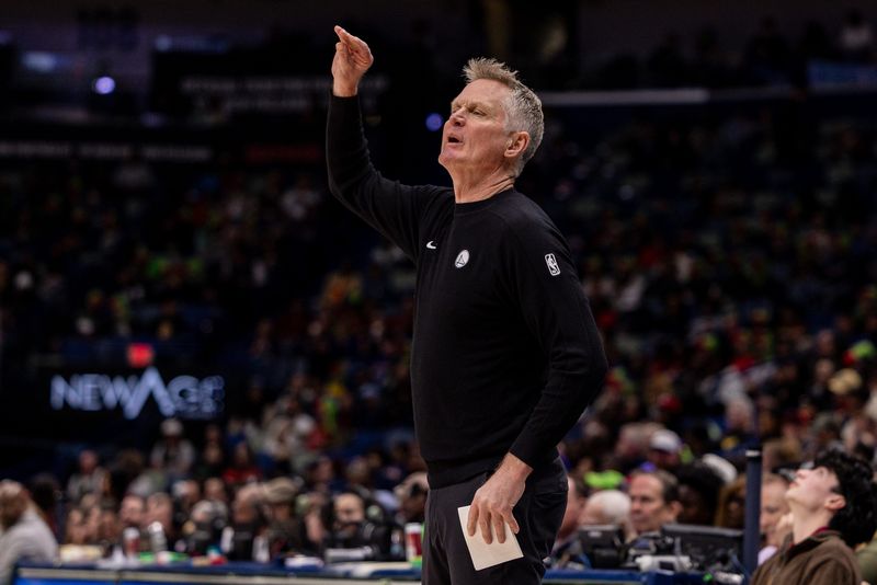 Feb 24, 2026; New Orleans, Louisiana, USA; Golden State Warriors Head Coach Steve Kerr looks on against the New Orleans Pelicans during the first half at Smoothie King Center. Mandatory Credit: Stephen Lew-Imagn Images