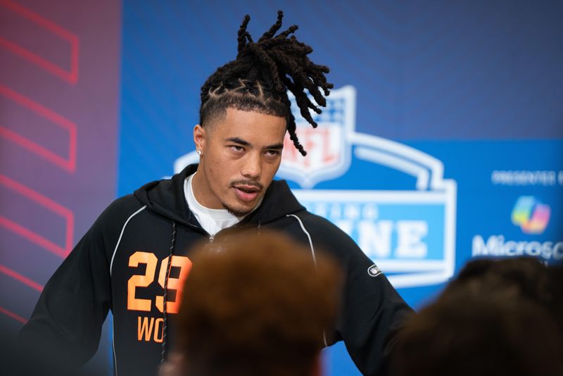 Feb 27, 2026; Indianapolis, IN, USA; Southern California wideout Makai Lemon (WO29) speaks to members of the media during the NFL Combine at the Indiana Convention Center. Mandatory Credit: Jacob Musselman-Imagn Images