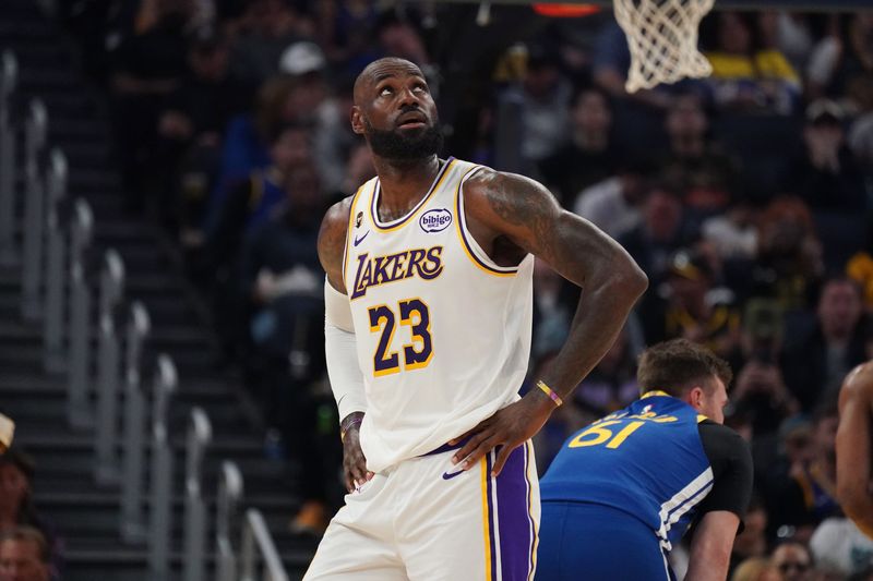 Feb 28, 2026; San Francisco, California, USA; Los Angeles Lakers forward LeBron James (23) waits for play to resume against the Golden State Warriors in the second period at Chase Center. Mandatory Credit: David Gonzales-Imagn Images