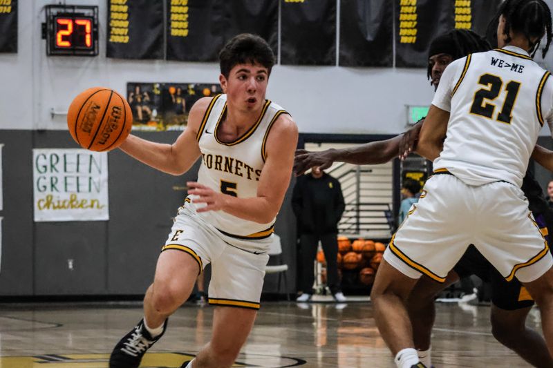 Enterprise guard Julian Turner drives to the hoop in a state playoff game. Turner scored a game-high 20 points in Enterprise's 57-47 loss to Bret Harte. March 3, 2026.