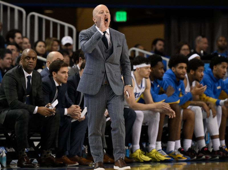 Mar 3, 2026; Los Angeles, California, USA; UCLA Bruins head coach Mick Cronin yells to his players during the first half against the Nebraska Cornhuskers at Pauley Pavilion presented by Wescom Financial. Mandatory Credit: Robert Hanashiro-Imagn Images
