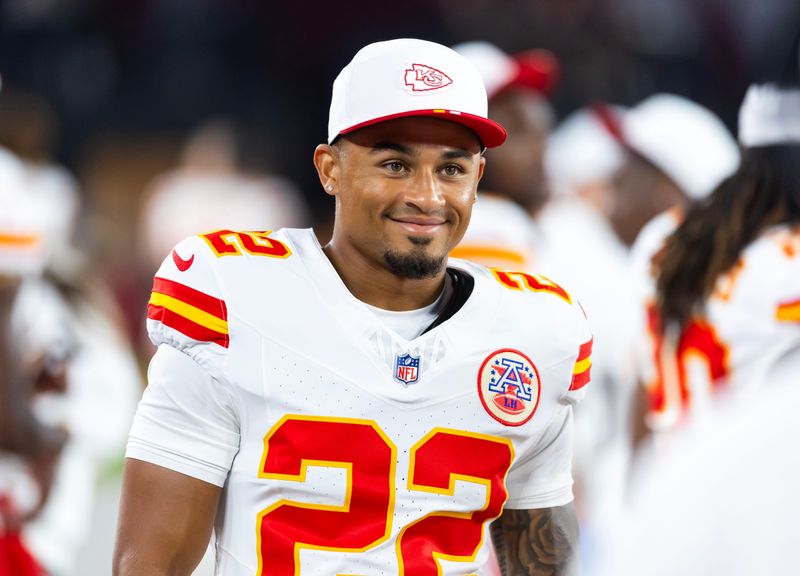 Aug 9, 2025; Glendale, Arizona, USA; Kansas City Chiefs cornerback Trent McDuffie (22) against the Arizona Cardinals during a preseason NFL game at State Farm Stadium. Mandatory Credit: Mark J. Rebilas-Imagn Images