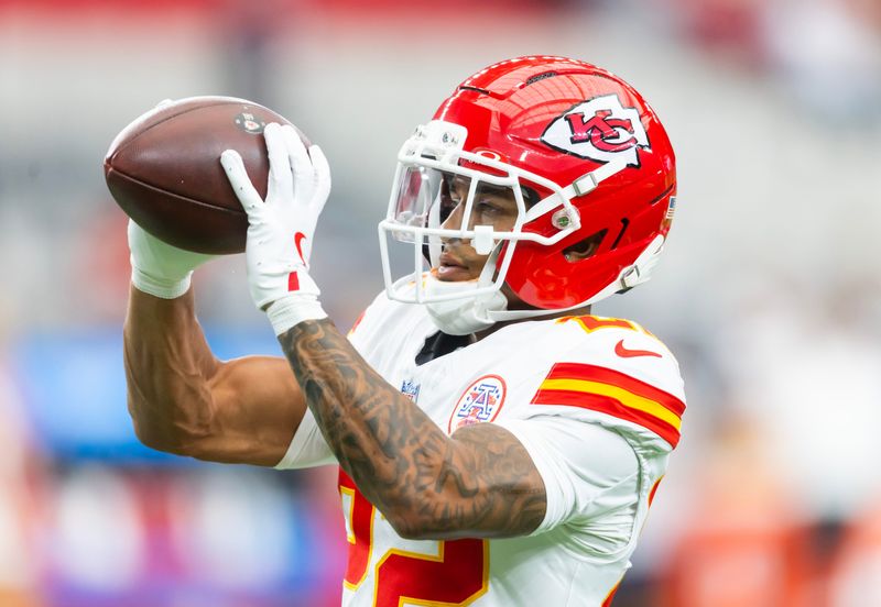 Aug 9, 2025; Glendale, Arizona, USA; Kansas City Chiefs cornerback Trent McDuffie (22) against the Arizona Cardinals during a preseason NFL game at State Farm Stadium. Mandatory Credit: Mark J. Rebilas-Imagn Images
