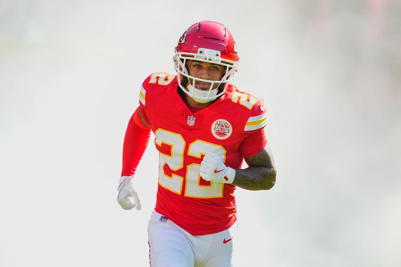Sep 28, 2025; Kansas City, Missouri, USA; Kansas City Chiefs cornerback Trent McDuffie (22) takes the field prior to a game against the Baltimore Ravens at GEHA Field at Arrowhead Stadium. Mandatory Credit: Jay Biggerstaff-Imagn Images