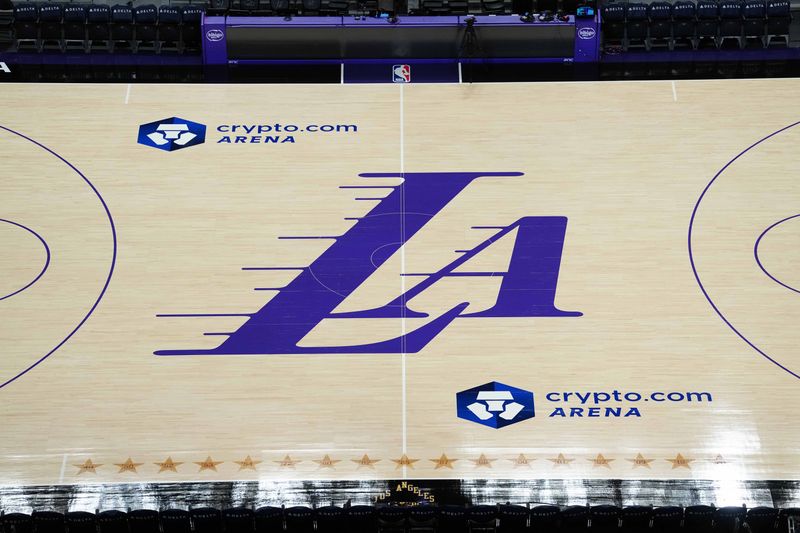 Mar 3, 2026; Los Angeles, California, USA; A general overall view of the Los Angeles Lakers city edition logo at midcourt at Crypto.com Arena. Mandatory Credit: Kirby Lee-Imagn Images