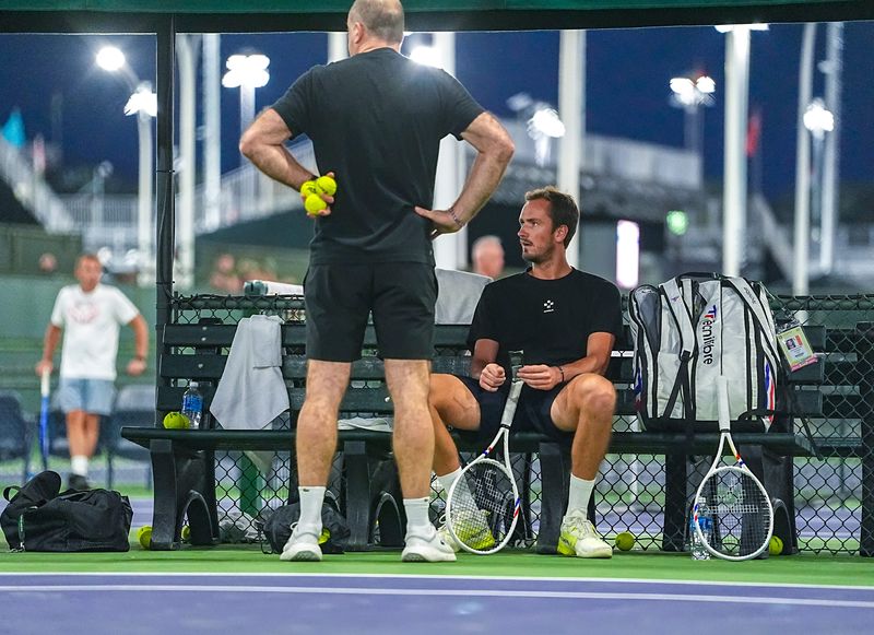 Daniil Medvedev takes a rest during his practice session at the BNP Paribas Open in Indian Wells, Calif., Wednesday, March 4, 2026.