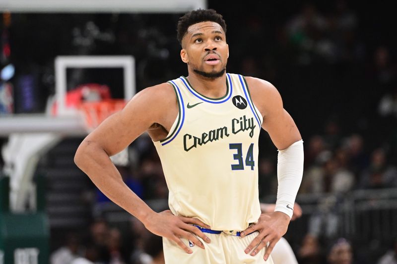 Mar 4, 2026; Milwaukee, Wisconsin, USA; Milwaukee Bucks forward Giannis Antetokounmpo (34) looks on in the fourth quarter against the Atlanta Hawks at Fiserv Forum. Mandatory Credit: Benny Sieu-Imagn Images
