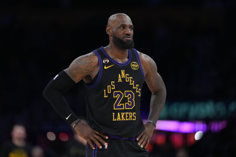 Mar 3, 2026; Los Angeles, California, USA; Los Angeles Lakers forward LeBron James (23) reacts against the New Orleans Pelicans in the second half at Crypto.com Arena. Mandatory Credit: Kirby Lee-Imagn Images