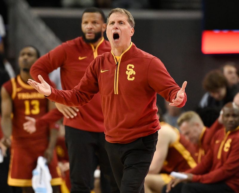 Feb 24, 2026; Los Angeles, California, USA; Southern California head coach Eric Musselman reacts to a foul call during the second half against the UCLA Bruins at Pauley Pavilion presented by Wescom Financial. Mandatory Credit: Robert Hanashiro-Imagn Images