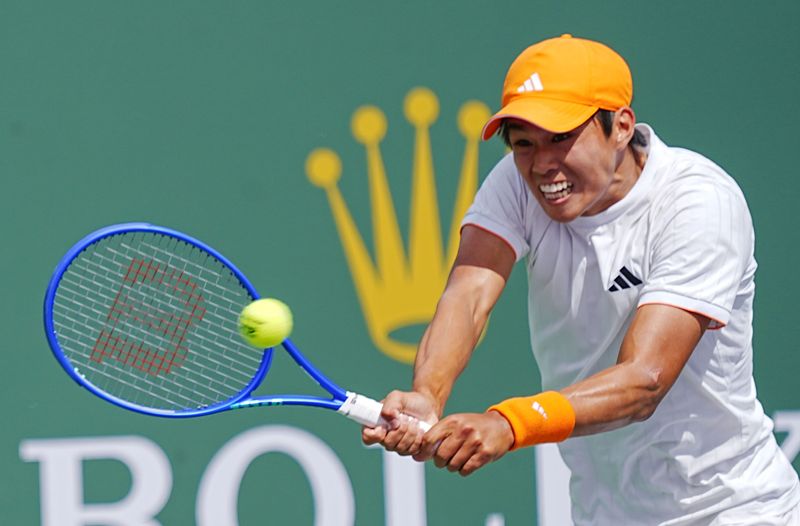 Learner Tien hits a shot during his round 2 victory against Adam Walton in the BNP Paribas Open at the Indian Wells Tennis Garden in Indian Wells, Calif., March 6, 2026.