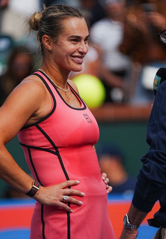 Aryna Sabalenka is interviewed while sporting her new engagement ring just after her round 2 win over Himeno Sakatsume at the BNP Paribas Open at the Indian Wells Tennis Garden in Indian Wells, Calif., March 6, 2026.