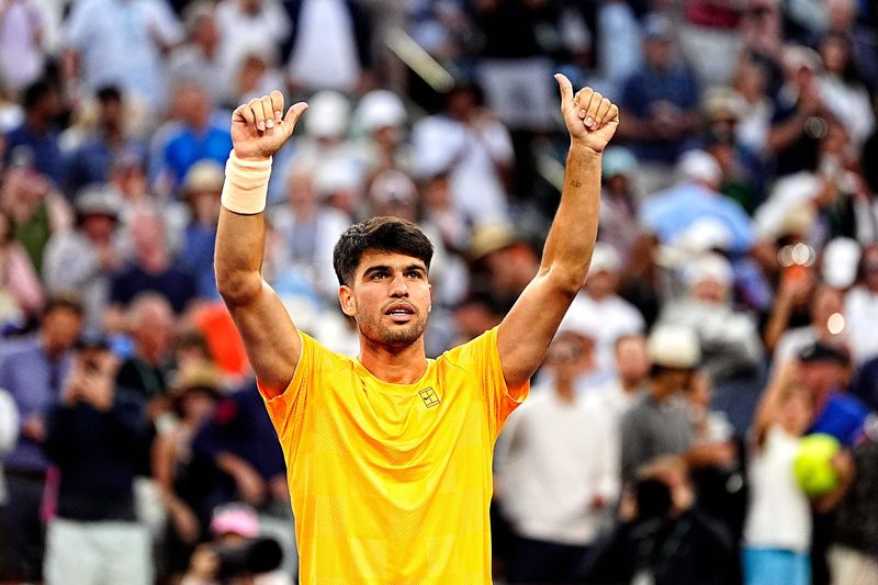 Carlos Alcaraz reacts during his 6-2, 6-3 second-round win against Grigor Dimitrov on Stadium 1 at the BNP Paribas Open in Indian Wells, Calif., Saturday, March 7, 2026.