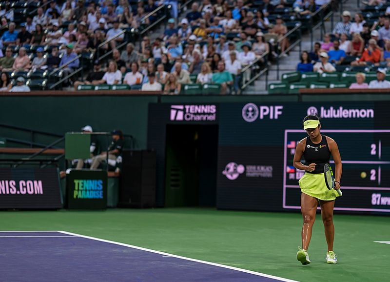Alexandra Eala celebrates a game win to take a 3-2 lead in the first set of her third-round match against Coco Gauff at the BNP Paribas Open in Indian Wells, Calif., Sunday, March 8, 2026.