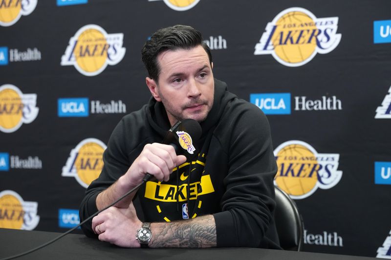 Mar 8, 2026; Los Angeles, California, USA; Los Angeles Lakers head coach JJ Redick at a press conference at the Crypto.com Arena. Mandatory Credit: Kirby Lee-Imagn Images