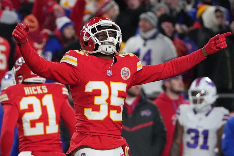 Jan 26, 2025; Kansas City, MO, USA; Kansas City Chiefs cornerback Jaylen Watson (35) reacts against the Buffalo Bills in the second half for the AFC Championship game at GEHA Field at Arrowhead Stadium. Mandatory Credit: Denny Medley-Imagn Images