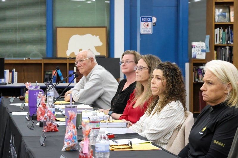 The Anderson Union High School District Board of Trustees listens to public comment during a Feb. 11 meeting at the Anderson High School Library. Feb. 11, 2026.