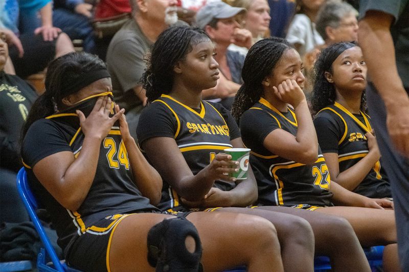 The Lathrop bench reacts to their 61-46 loss to Faith Christian in the CIF Div. IV Girls Basketball NorCal Regional Championship at Faith Christian’s C.A. Summy Gym in Yuba City on Mar. 10, 2026.