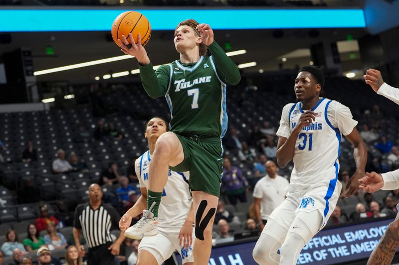 Tulane's Rowan Brumbaugh (7) goes for a layup during the first round American Conference Tournament game between Memphis and Tulane in Birmingham, Ala, on March 11, 2026.