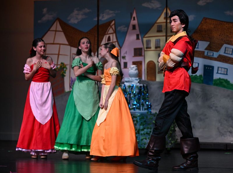 Carter Sullivan, right, Addison Gimlin, Annika Anderson and Harper Gibson rehearse for Ridgeview Middle School’s production of Beauty and the Beast on Wednesday, March 11, 2026 at Rotary Theater.