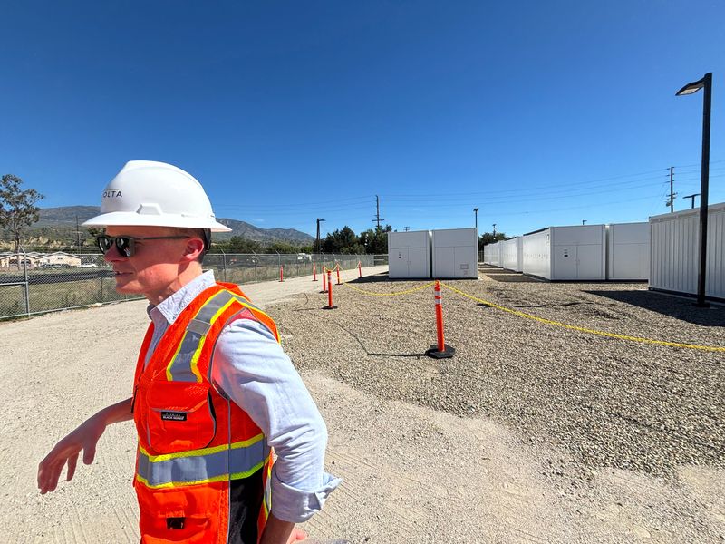 Devin Hardman, senior vice president of commercial operations for energy storage developer esVolta, discusses the Black Walnut battery project in Santa Paula on March 12.