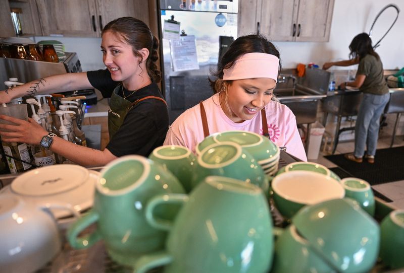 Clara Houser, left, and Alayla Ayala fill beverage orders Friday, March 13, 2026 at Connect Coffee on the Neighborhood Church campus.