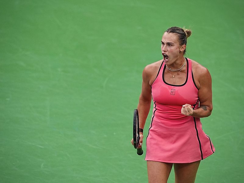 Belarusian tennis player Aryna Sabalenka competes against Czech tennis player Linda Nosková at the BNP Paribas Open in Indian Wells, Calif., on Friday, March 13, 2026.