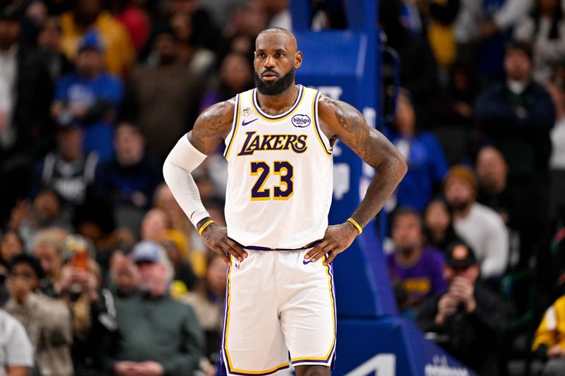 Jan 24, 2026; Dallas, Texas, USA; Los Angeles Lakers forward LeBron James (23) looks on during the game against the Dallas Mavericks at the American Airlines Center. Mandatory Credit: Jerome Miron-Imagn Images