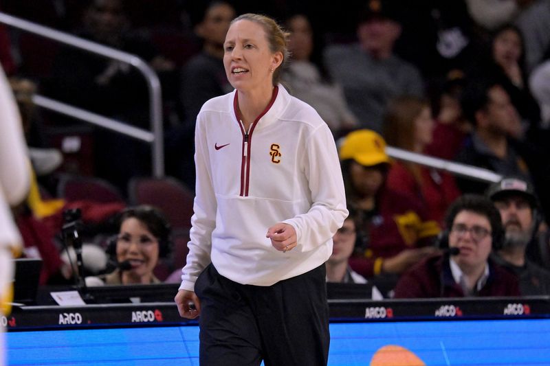 Jan 29, 2026; Los Angeles, California, USA; USC Trojans head coach Lindsay Gottlieb on the bench in the first half against the Iowa Hawkeyes at Galen Center. Mandatory Credit: Jayne Kamin-Oncea-Imagn Images