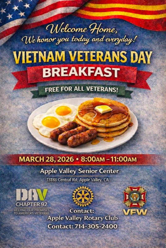 Veterans of the Vietnam War era will be honored during a special breakfast on March 28, 2026, at the Apple Valley Senior Center.