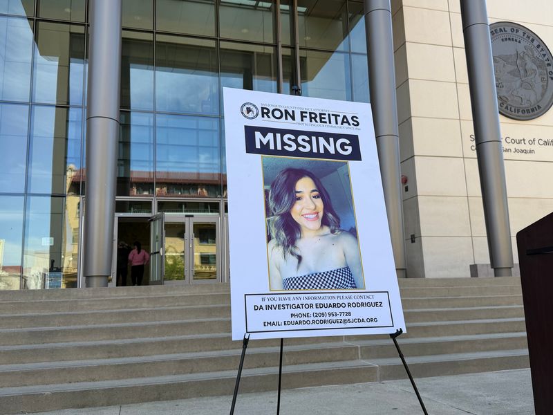 A news conference is held March 16, 2026, on the steps of the Stockton courthouse regarding the disappearance of 16-year-old Victoria Marquina, who was reported missing in 2019 from Amador County.