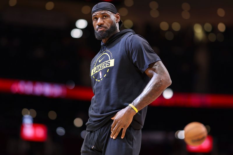 Mar 16, 2026; Houston, Texas, USA; Los Angeles Lakers forward LeBron James (23) warms up before the game against the Houston Rockets at Toyota Center. Mandatory Credit: Troy Taormina-Imagn Images