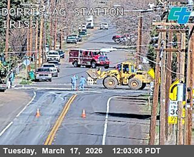 Caltrans camera footage: A firetruck drives through downtown Dorris at 12:03 p.m. less than two hours after a big rig dumped toxic chemicals on Highway 97 in the Siskiyou County town.