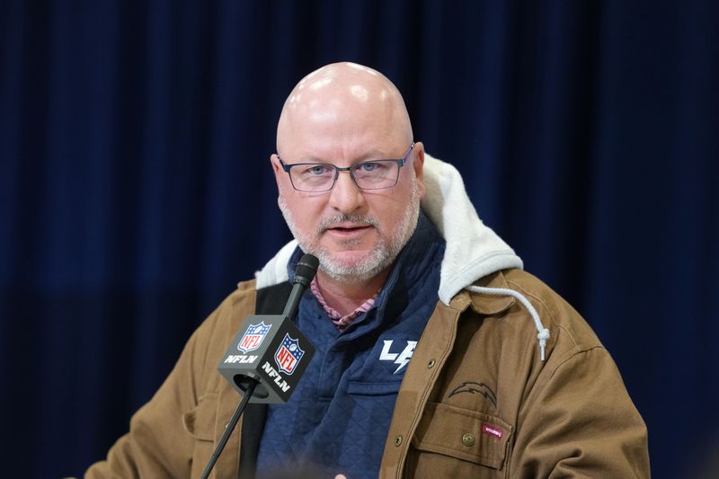 Feb 24, 2026; Indianapolis, IN, USA; Los Angeles Chargers general manager Joe Hortiz speaks at the NFL Scouting Combine at the Indiana Convention Center. Mandatory Credit: Kirby Lee-Imagn Images
