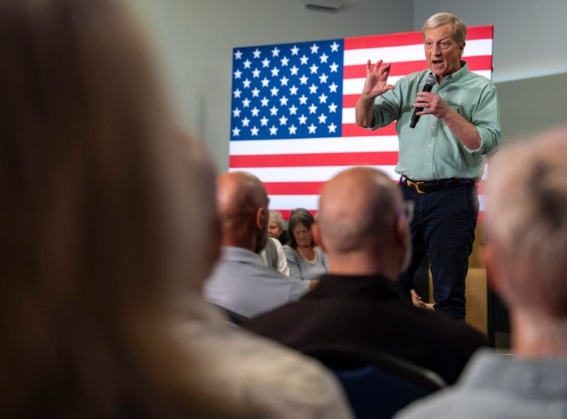 California gubernatorial candidate Tom Steyer answers audience questions during a campaign stop at the Mizell Center in Palm Springs on March 17, 2026.