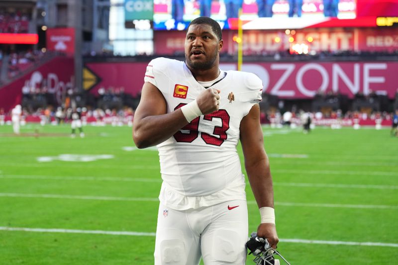 Dec 21, 2025; Glendale, Arizona, USA; Arizona Cardinals defensive tackle Calais Campbell (93) stands on the field prior to a game against the Atlanta Falcons at State Farm Stadium. Mandatory Credit: Joe Camporeale-Imagn Images