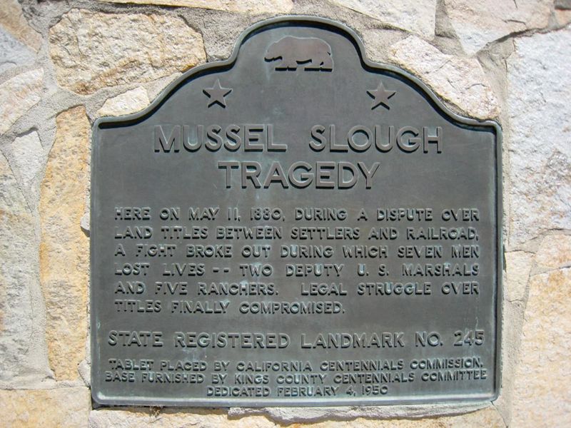 A historical marker of the Mussel Slough tragedy.