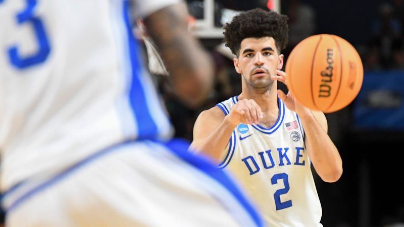 Duke Blue Devils guard Cayden Boozer (2) passes the ball during an NCAA Tournament game on March 19, 2026. Duke will play a game at Acrisure Arena on Nov. 21.