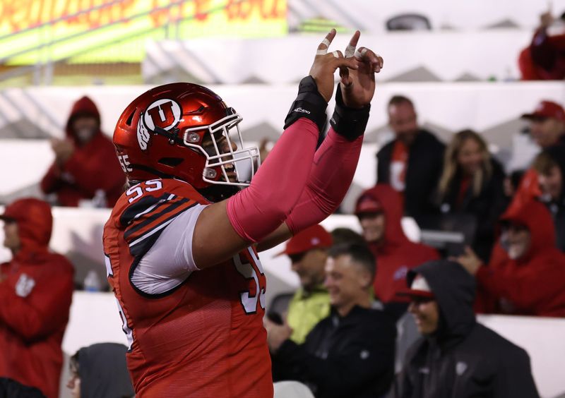 Oct 11, 2025; Salt Lake City, Utah, USA; Utah Utes offensive lineman Spencer Fano (55) celebrates a touchdown against the Arizona State Sun Devils during the third quarter at Rice-Eccles Stadium. Mandatory Credit: Rob Gray-Imagn Images