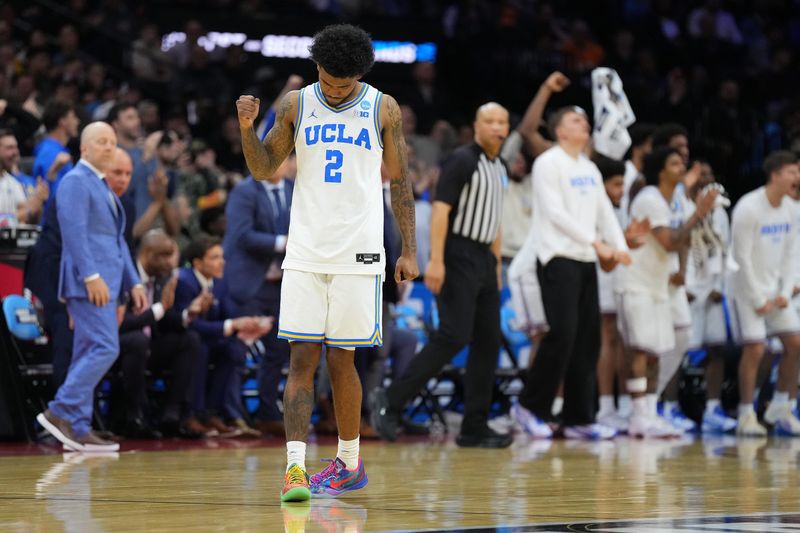 Mar 20, 2026; Philadelphia, PA, USA; UCLA Bruins guard Donovan Dent (2) reacts in the second half during a first round game of the men's 2026 NCAA Tournament at Xfinity Mobile Arena. Mandatory Credit: Kyle Ross-Imagn Images