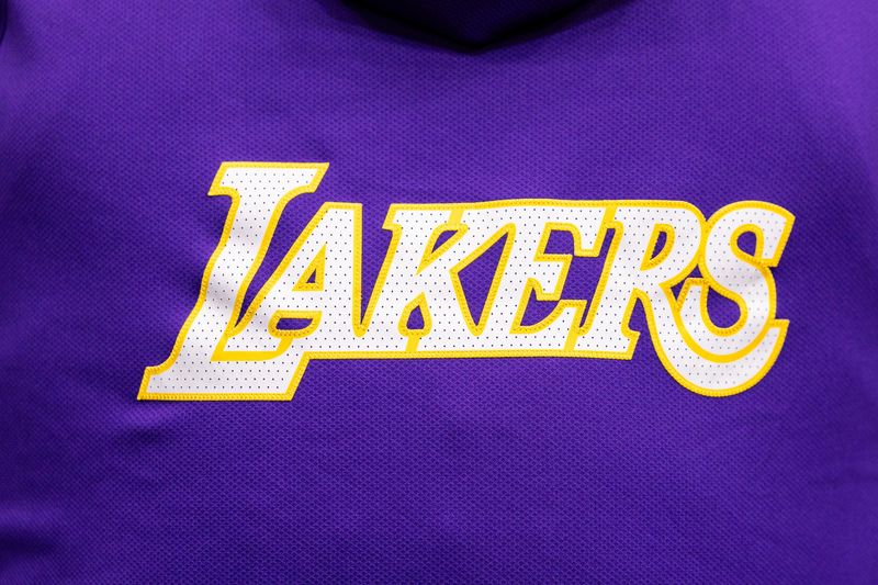Jan 6, 2026; New Orleans, Louisiana, USA; Detailed view of the Los Angeles Lakers logo as the Lakers play against the New Orleans Pelicans during the first half at Smoothie King Center. Mandatory Credit: Stephen Lew-Imagn Images
