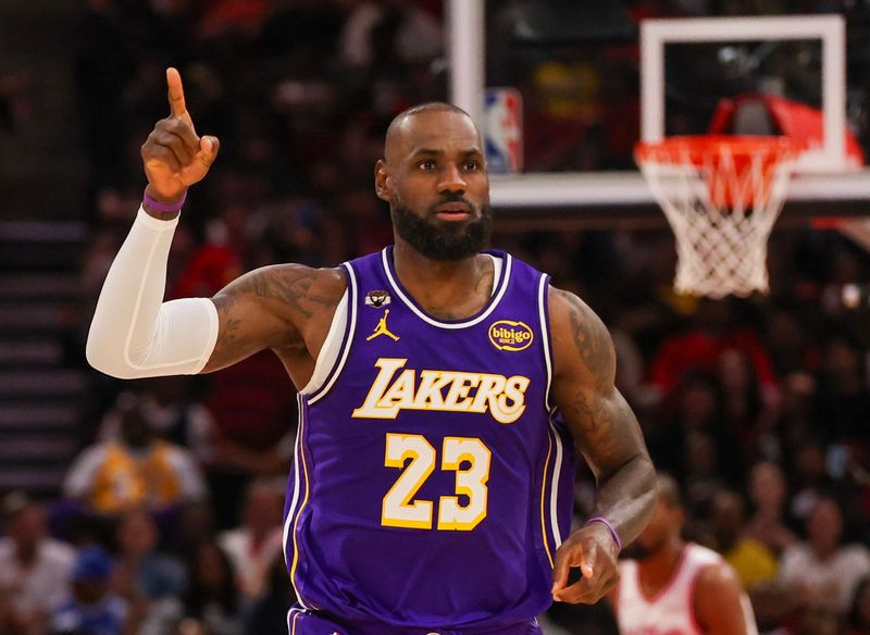 Mar 18, 2026; Houston, Texas, USA; Los Angeles Lakers forward LeBron James (23) reacts to his basket against the Houston Rockets in the second quarter at Toyota Center. Mandatory Credit: Thomas Shea-Imagn Images