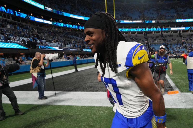 Jan 10, 2026; Charlotte, NC, USA; Los Angeles Rams wide receiver Davante Adams (17) runs off the field after the NFC Wild Card Round game at Bank of America Stadium. Mandatory Credit: Bob Donnan-Imagn Images