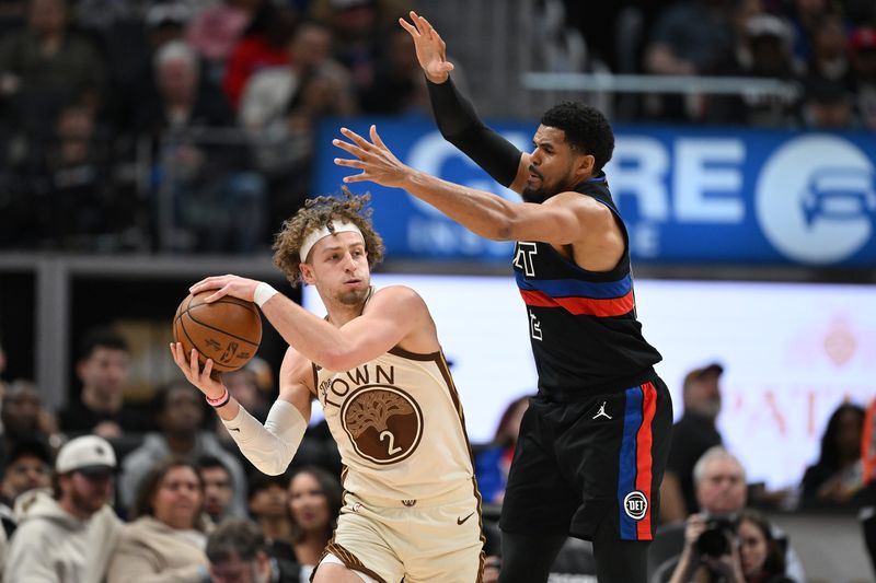 Mar 20, 2026; Detroit, Michigan, USA; Detroit Pistons forward Tobias Harris (12) pressures Golden State Warriors guard Brandin Podziemski (2) in the first half at Little Caesars Arena. Mandatory Credit: Lon Horwedel-Imagn Images